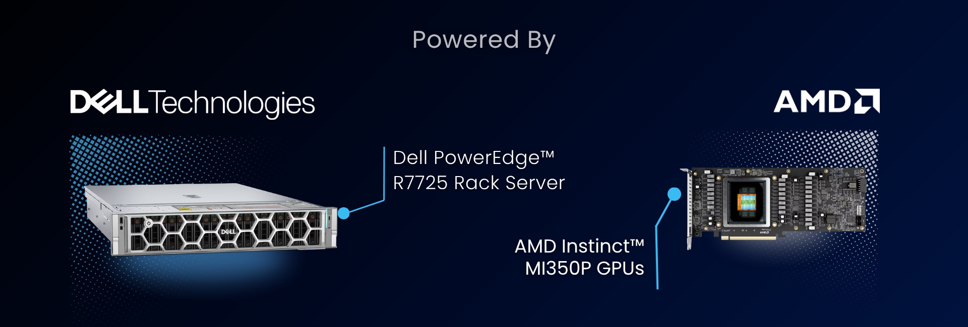 Dell PowerEdge R7725 rack server alongside an AMD Instinct MI350P accelerator card