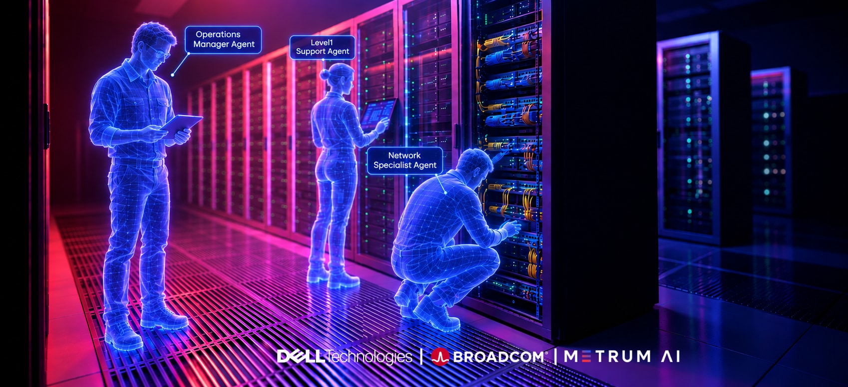 Three Metrum AI Ops roles - Operations Manager, Level 1 Support and Network Specialist - shown working across a Dell and Broadcom AI lab rack row